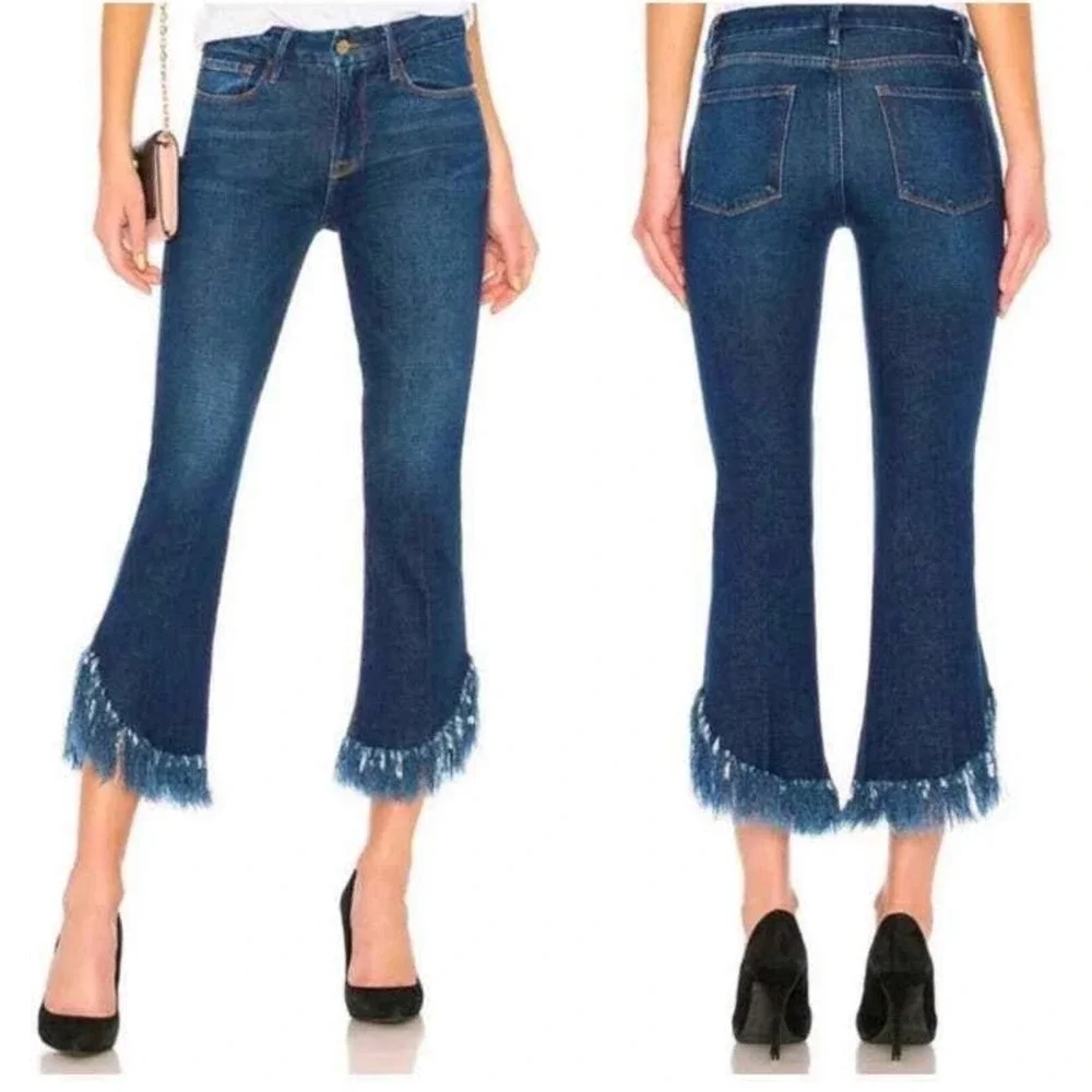 FRAME Jeans Womens 25 Le Crop Mini Boot Blue Fringe Hem Dark Wash Denim - Picture 10 of 10